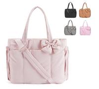 Mlthcig Smart Crush Bow Tote Fluffy & Lightweight Crush Bow Pink Quilted Bags for Women Work Shoulder Handbag(Light Pink)