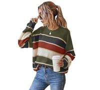 Mlthcig Statement Colorblock Style for Crisp Days Women's Striped Drop Shoulder Sweater Color Blockstriped Knit Pullover(Dark Green,M)