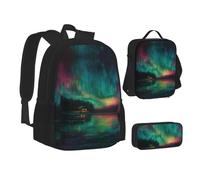 MLTRFGJ Aurora Ensemble sac à dos, trousse à crayons et sac à déjeuner Motif imprimé 3 pièces, Noir , Taille unique, Cartable