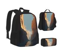 MLTRFGJ Canyon Ensemble sac à dos imprimé 3 pièces combinant sac à dos, trousse à crayons et sac à déjeuner, Noir , Taille unique, Cartable