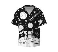MLTRFGJ Chemise à manches courtes pour homme avec motif imprimé drapeaux à carreaux et col cubain noir et blanc, Astronaute et alien, XL