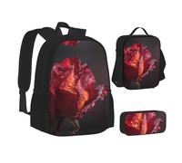 MLTRFGJ Dewdrops On Red Rose Ensemble sac à dos 3 pièces comprenant un sac à dos, une trousse à crayons et un sac à déjeuner, Noir , Taille unique, Cartable