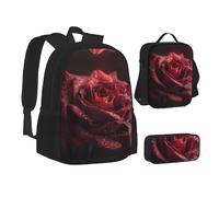 MLTRFGJ Dewdrops On Red Rose Ensemble sac à dos 3 pièces comprenant un sac à dos, une trousse à crayons et un sac à déjeuner, Noir , Taille unique, Cartable