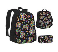 MLTRFGJ Ensemble de 3 pièces de puzzle de sensibilisation à l'autisme avec imprimé cœur comprenant un sac à dos, une trousse à crayons et un sac à déjeuner, Noir , Taille unique, Cartable