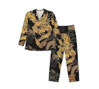 MLTRFGJ Ensemble de pyjama à manches longues imprimé dragon jaune fond noir pour homme, pyjama confortable et tendance, Noir , M