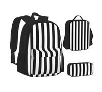 MLTRFGJ Ensemble sac à dos 3 pièces imprimé à rayures noires et blanches, combinant sac à dos, trousse à crayons et sac à déjeuner, Noir , Taille unique, Cartable