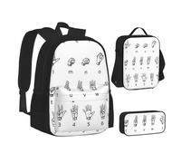 MLTRFGJ Ensemble sac à dos 3 pièces imprimé alphabet langage des signes combinant sac à dos, trousse à crayons et sac à déjeuner, Noir , Taille unique, Cartable