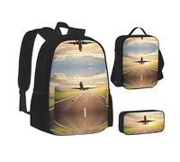 MLTRFGJ Ensemble sac à dos 3 pièces imprimé avion, combinant sac à dos, trousse à crayons et sac à déjeuner, Noir , Taille unique, Cartable