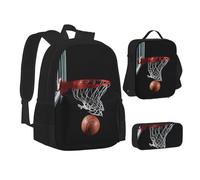 MLTRFGJ Ensemble sac à dos 3 pièces imprimé basket-ball combinant sac à dos, trousse à crayons et sac à déjeuner, Noir , Taille unique, Cartable