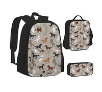 MLTRFGJ Ensemble sac à dos 3 pièces imprimé cheval mignon, combinant sac à dos, trousse à crayons et sac à déjeuner, Noir , Taille unique, Cartable