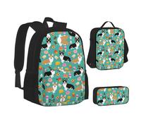 MLTRFGJ Ensemble sac à dos 3 pièces imprimé corgi mignon, sac à dos, trousse à crayons et sac à déjeuner, Noir , Taille unique, Cartable
