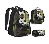 MLTRFGJ Ensemble sac à dos 3 pièces imprimé deux grands pandas, comprenant un sac à dos, une trousse à crayons et un sac à déjeuner, Noir , Taille unique, Cartable