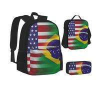 MLTRFGJ Ensemble sac à dos 3 pièces imprimé drapeau américain et brésilien, sac à dos, trousse à crayons et sac à déjeuner, Noir , Taille unique, Cartable