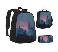 MLTRFGJ Ensemble sac à dos 3 pièces imprimé forêt brumeuse combinant sac à dos, trousse à crayons et sac à déjeuner, Noir , Taille unique, Cartable