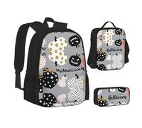 MLTRFGJ Ensemble sac à dos 3 pièces imprimé Happy-Halloween-Day-Trick-Or-Treat Combinant sac à dos, trousse à crayons et sac à déjeuner, Noir , Taille unique, Cartable
