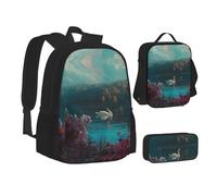 MLTRFGJ Ensemble sac à dos 3 pièces imprimé Lake Swan, combinant sac à dos, trousse à crayons et sac à déjeuner, Noir , Taille unique, Cartable