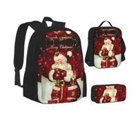 MLTRFGJ Ensemble sac à dos 3 pièces imprimé Merry Christmas Santa Claus comprenant un sac à dos, une trousse à crayons et un sac à déjeuner, Noir , Taille unique, Cartable