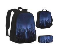MLTRFGJ Ensemble sac à dos 3 pièces imprimé Night Skyline combinant sac à dos, trousse à crayons et sac à déjeuner, Noir , Taille unique, Cartable