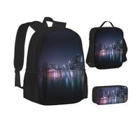 MLTRFGJ Ensemble sac à dos 3 pièces imprimé Night Skyline combinant sac à dos, trousse à crayons et sac à déjeuner, Noir , Taille unique, Cartable