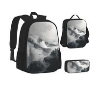 MLTRFGJ Ensemble sac à dos 3 pièces imprimé nuage et brume, combinant sac à dos, trousse à crayons et sac à déjeuner, Noir , Taille unique, Cartable