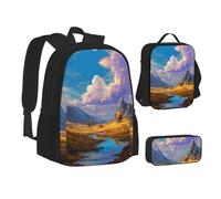 MLTRFGJ Ensemble sac à dos 3 pièces imprimé paysage combinant sac à dos, trousse à crayons et sac à déjeuner, Noir , Taille unique, Cartable