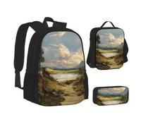 MLTRFGJ Ensemble sac à dos 3 pièces imprimé paysage combinant sac à dos, trousse à crayons et sac à déjeuner, Noir , Taille unique, Cartable