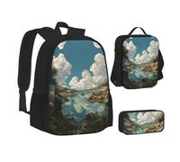 MLTRFGJ Ensemble sac à dos 3 pièces imprimé paysage de lac, combinant sac à dos, trousse à crayons et sac à déjeuner, Noir , Taille unique, Cartable