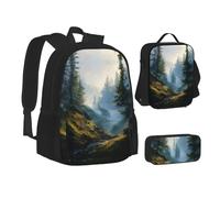 MLTRFGJ Ensemble sac à dos 3 pièces imprimé paysage forestier combinant sac à dos, trousse à crayons et sac à déjeuner, Noir , Taille unique, Cartable