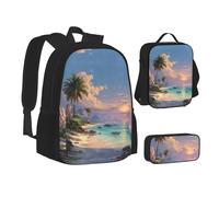 MLTRFGJ Ensemble sac à dos 3 pièces imprimé paysage tropical, combinant sac à dos, trousse à crayons et sac à déjeuner, Noir , Taille unique, Cartable