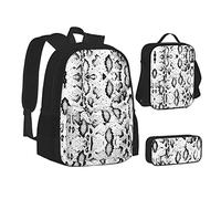 MLTRFGJ Ensemble sac à dos 3 pièces imprimé peau de serpent noir et blanc, sac à dos, trousse à crayons et sac à déjeuner, Noir , Taille unique, Cartable