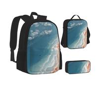 MLTRFGJ Ensemble sac à dos 3 pièces imprimé plage, combinant sac à dos, trousse à crayons et sac à déjeuner, Noir , Taille unique, Cartable