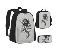 MLTRFGJ Ensemble sac à dos 3 pièces imprimé rose foncé avec sac à dos, trousse à crayons et sac à déjeuner, Noir , Taille unique, Cartable