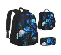 MLTRFGJ Ensemble sac à dos 3 pièces imprimé roses bleues combinant sac à dos, trousse à crayons et sac à déjeuner, Noir , Taille unique, Cartable