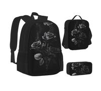 MLTRFGJ Ensemble sac à dos 3 pièces imprimé roses noires combinant sac à dos, trousse à crayons et sac à déjeuner, Noir , Taille unique, Cartable