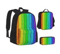MLTRFGJ Ensemble sac à dos 3 pièces imprimé sur fond en bois de couleur arc-en-ciel, combinant sac à dos, trousse à crayons et sac à déjeuner, Noir , Taille unique, Cartable