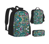 MLTRFGJ Ensemble sac à dos 3 pièces imprimé sur le thème de la science de dessin animé, combinant sac à dos, trousse à crayons et sac à déjeuner, Noir , Taille unique, Cartable