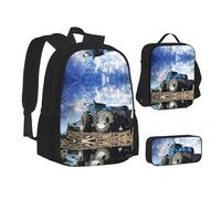 MLTRFGJ Ensemble sac à dos 3 pièces imprimé tracteur agricole, combinant sac à dos, trousse à crayons et sac à déjeuner, Noir , Taille unique, Cartable