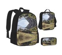 MLTRFGJ Ensemble sac à dos 3 pièces imprimé train locomotive à vapeur, combinaison sac à dos, trousse à crayons et sac à déjeuner, Noir , Taille unique, Cartable