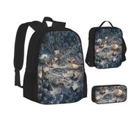 MLTRFGJ Ensemble sac à dos 3 pièces imprimé Winter Wonderland, combinant sac à dos, trousse à crayons et sac à déjeuner, Noir , Taille unique, Cartable