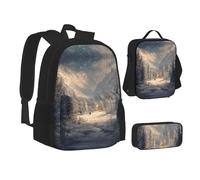 MLTRFGJ Ensemble sac à dos 3 pièces imprimé Winter Wonderland, combinant sac à dos, trousse à crayons et sac à déjeuner, Noir , Taille unique, Cartable
