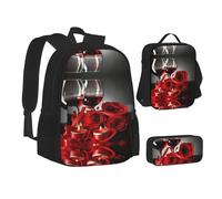 MLTRFGJ Ensemble sac à dos, trousse à crayons et sac à déjeuner 3 pièces avec imprimé rose vin rouge et bougie, Noir , Taille unique, Cartable