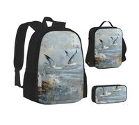 MLTRFGJ Ensemble sac à dos, trousse à crayons et sac à déjeuner 3 pièces imprimé mouettes, Noir , Taille unique, Cartable