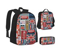 MLTRFGJ Ensemble sac à dos, trousse à crayons et sac à déjeuner 3 pièces imprimé symboles de l'Angleterre, Noir , Taille unique, Cartable