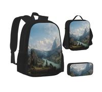 MLTRFGJ Famous Mountains Ensemble sac à dos 3 pièces imprimé comprenant un sac à dos, une trousse à crayons et un sac à déjeuner, Noir , Taille unique, Cartable
