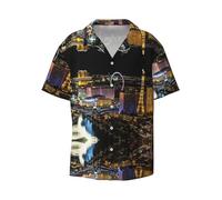 MLTRFGJ Las Vegas Night View Chemise imprimée décontractée à manches courtes pour homme, col cubain, douce et respirante, Noir , L