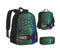 MLTRFGJ Magnifique ensemble de sac à dos 3 pièces imprimé paon, combinant sac à dos, trousse à crayons et sac à déjeuner, Noir , Taille unique, Cartable