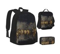 MLTRFGJ Metropolitan Night Skyline Ensemble sac à dos 3 pièces avec sac à dos, trousse à crayons et sac à déjeuner, Noir , Taille unique, Cartable
