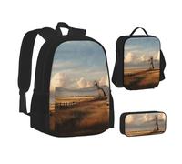 MLTRFGJ Windmill In Field Ensemble sac à dos, trousse à crayons et sac à déjeuner imprimé 3 pièces, Noir , Taille unique, Cartable
