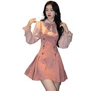 Mluvpxey Robe d'été Kawaii robe à carreaux femmes arc japonais Vintage fête Mini robes mode Patchwork robe douce (Color : Pink, Size : L)