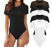 MLYENX Lot de 5 bodies à manches courtes et col rond pour femme - Décontracté - Extensible - Basique, Lot de 5 : noir, noir, blanc, café, X-Large